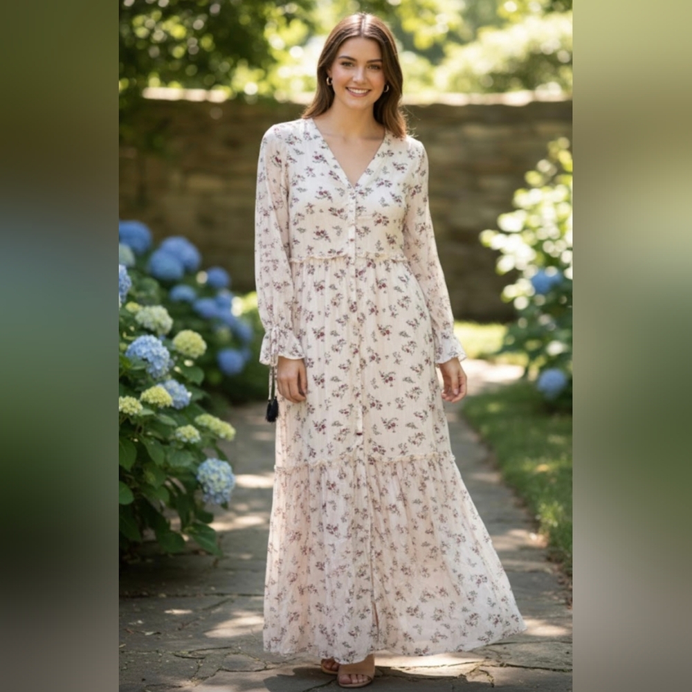 Promesa Ivory Floral Maxi Dress With Tassel Sleeves